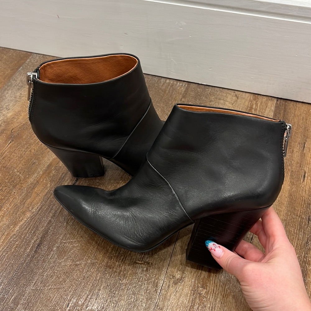 Black Leather Block Heel Ankle Booties